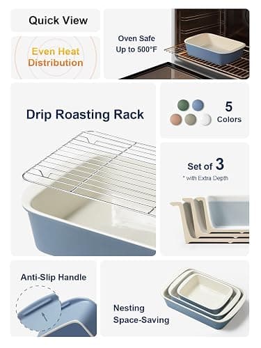 LE TAUCI Deep Casserole Dishes for Oven, 13.7”x9.6” Ceramic Baking Dish Set with Roasting Racks, Large Lasagna Pans with Handles, Rectangular Bakeware as Gift for Mom, Dusty Blue (4.6QT/3.0QT/1.6QT), Set of 3 thumbnail 4