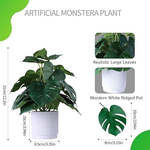 HOFMEFY Artificial Monstera Potted Plant Realistic Fake Plants Home Greenery Table Decor with White Ridged Plastic Pot 31CM Tall Fake Tropical Palm Tree Bigger Leaves - 10in thumbnail 3