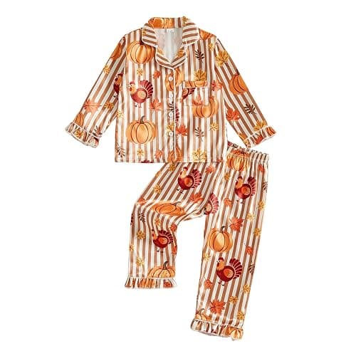 Kids Thanksgiving Pajamas Toddler Girl Turkey Pajama Shirt Pants Set | Little Girl Ruffle Cuffs Long Sleeve Button Down Shirt Stain Pants Set Loungewear Sleepwear Two Piece Pjs Set - Image 1