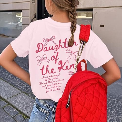 Fkatuzi Girls Christian Jesus Faith Shirts for Kids Cute Bow Shirt Daughter of The King God Bible Verse Graphic Tees Cotton thumbnail 6
