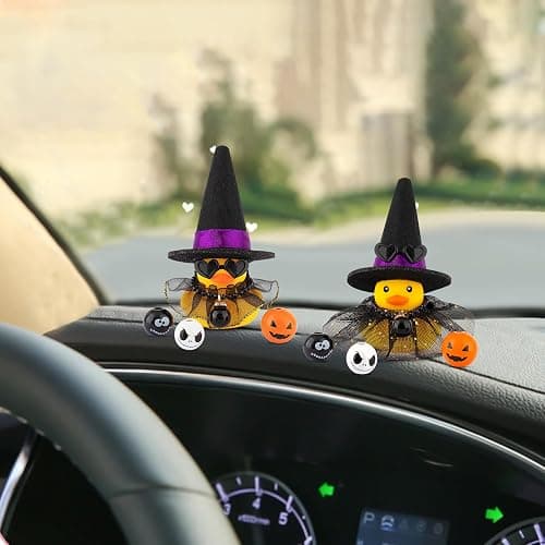 wonuu Halloween Rubber Duck Witch Duck Car Decorations Halloween Accessories Witch Hat Pumpkin Skull and Cloak, Long Black Skirt thumbnail 2