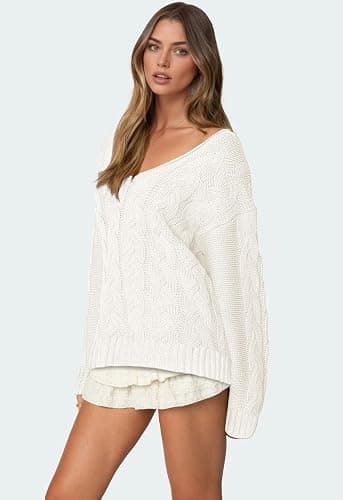 IWD Women's Oversized Sweaters Cable Knit V Neck Long Sleeve Pullover Sweater 2025 thumbnail 3