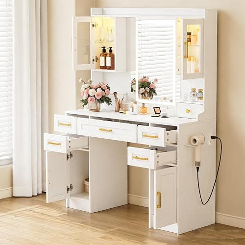 NUNU LAB Large White Vanity Desk with Mirror and Lights | Women Makeup Table with Power Outlet, 3-Color Adjustable Lighting with 5 Drawers for Bedroom Brown - Image 1