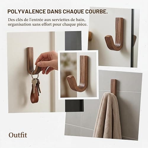 Lot de 6 Patères en J Couleur Noyer, pour Salle de Bain, Chambre, Entrée | Crochets Autocollants en Bois de Noyer Type J, Surface Polie, Wall Mount Walnut Wooden Hooks for Hanging, Patère Bois Murale thumbnail 6