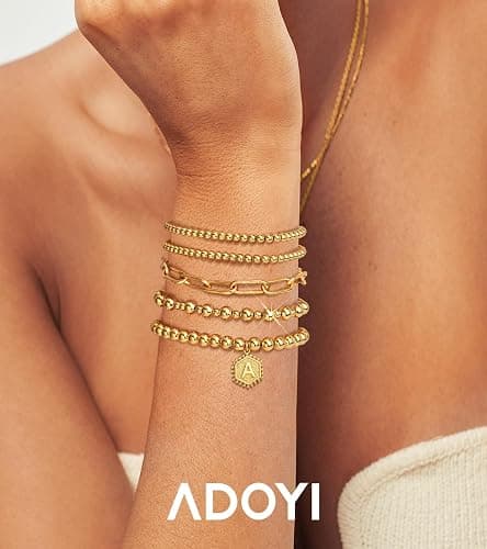 adoyi Gold Bracelets for Women Waterproof, 14K Gold Plated Beaded Strand Bead Ball Bracelets stack Adjustable Jewelry Set for Gifts thumbnail 6