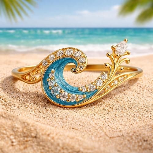 Blue Ocean Wave Ring for Women, 18K Gold Plated Wave Ring with CZ, Mermaid Coastal Jewelry Gift for Her, Sea Inspired Gold Ring, Summer Beach Aesthetic Jewelry thumbnail 5