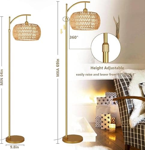 Gold Floor Lamp for Living Room with 3 Color Temperatures,Arc Boho Floor Lamps with Remote Control, Rattan Standing Lamp with Wicker Lamp Shades Dimmable Tall Floor Lamp For Bedroom Living Room Corner thumbnail 6
