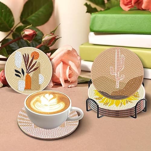 DOTSOPS 8Pack Landscape Diamond Painting Coaster with Holder 5D Diamond Art Kits for Adults Round Full Drill Beginners Gem Dots Craft Arts Supplies Party Home Decor Abstract thumbnail 4