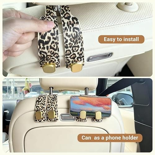 FLYEEGO 2 Pack Purse Hook for Car Headrest, Car Seat Back Storage Hook for Purses and Bags, Car Back Seat Headrest Purse Holder, Hanger Storage Organizer (Leopard) thumbnail 7