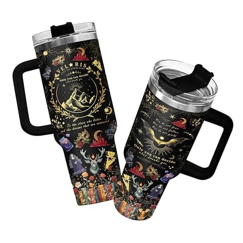 34HD 40oz Fantasy Gothic Tumbler With Handle – Velaris Quote Stainless Steel Insulated Cup With Straw, Starry Night Magic Crystals Design - Image 1