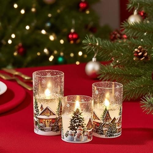 DRomance Snowman House Glass Flameless Candles Battery Operated with Remote and Timer Real Wax LED Flickering Pillar Candles Cold White Light Window Christmas Holiday Decor 3" D x 4", 5", 6" H thumbnail 2