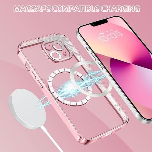 DOMAVER for iPhone 13 Case, Phone Cases with Magnetic [Compatible with MagSafe] Luxury Clear Glitter Bling Sparkly Shockproof Protective Cover Full Camera Lens Protector for Women Girls- Pink - Pink thumbnail 4