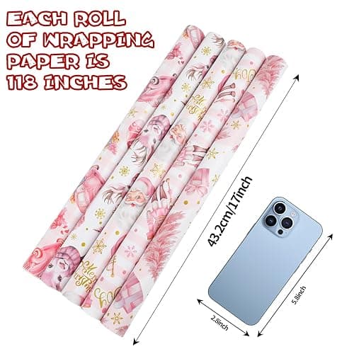 KIMOBER 5 Rolls Christmas Wrapping Paper,Pink Paper with Retro Xmas Elements and Cut Lines on Reverse(17in × 118in Per Roll,Pink Style) thumbnail 2