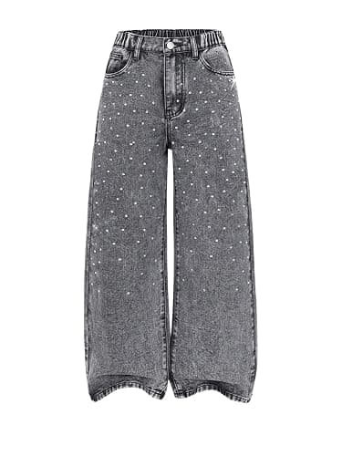 WDIRARA Girl's Sparkly Rhinestone Baggy Jeans High Waisted Washed Wide Leg Denim Pants - Image 1