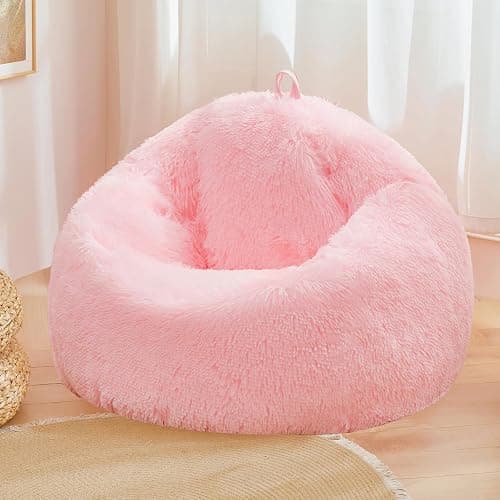 Pink fluffy bean bag chair covers (No Filler), comfy Plush Pink bean bag chair Cover for bedroom, stuffed animal Storage, kids adults teens girls bean bag chairs, Anti-Slip - Image 1