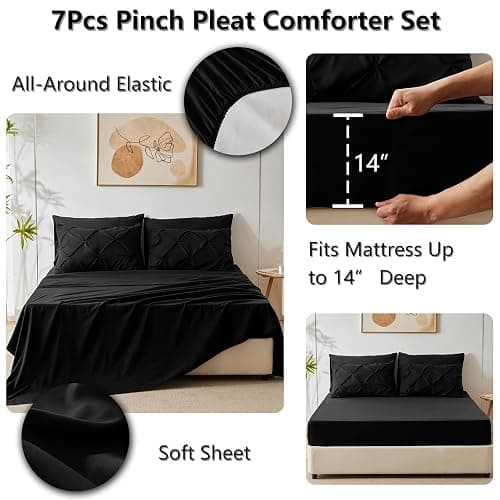 CozyLux Queen Comforter Set Black, 7 Pieces Pintuck Bed in A Bag, Premium Black Comforter Queen Size, Pinch Pleat Bedding Sets with Comforter, Sheets, Pillowcases & Shams thumbnail 5