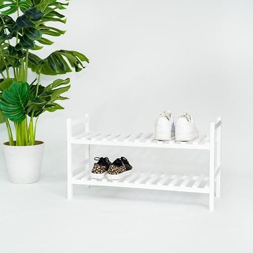 PJ Wood - Stackable White Wooden Shoe Rack - 2 Tier, 6 Pair | 29.1 x 29.1 x 15.7 in, Freestanding Floor Mount, No Assembly Required, Polished Waxed Finish, Rectangular Design, Hallway thumbnail 5