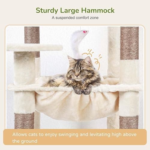 Globlazer Cat Tree Tower with Scratching Post for Indoor Cats, 53inch Tall Plush Multi-Level Cat Climbing Tower Condo House with Large Hammock, Spacious Cat Cave, Big Padded Top Perch Bed, F53, Beige thumbnail 4
