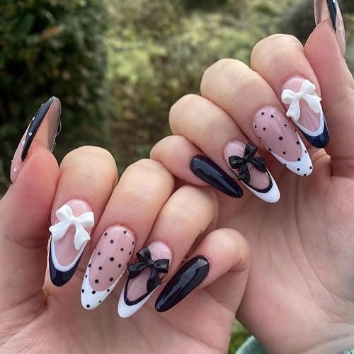 MISUD Press on Nails - Medium Almond Fake Nails with Polka Dot, Acrylic Black White Bow Design 24 pcs - Image 1