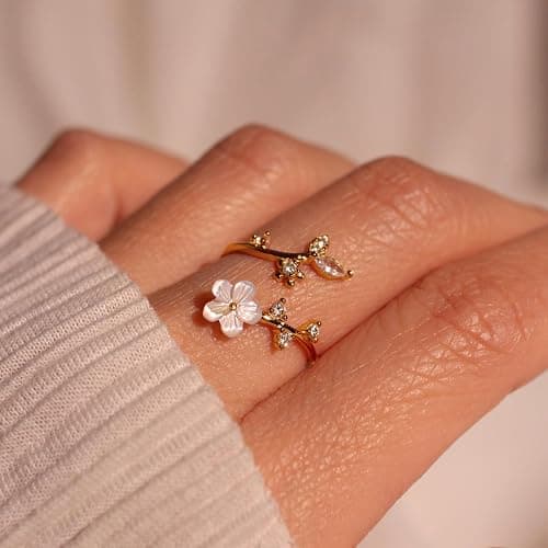 JALZEMPL Birthstone Flower Rings For Women Non Tarnish Gemstone Cubic Zirconia Mother of Pearl Adjustable Size 7-11 Silver Rose 14K Gold Plated Birth Jewelry Gift For Birthday thumbnail 3