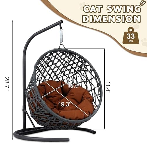 anwickjeff Cat Swing Bed with Steel Stand - Egg Chair with Rattan Wicker & Soft Cushion, Indoor Hanging Pet Bed for Kitten, Puppy, Small Dogs (Brown) thumbnail 2