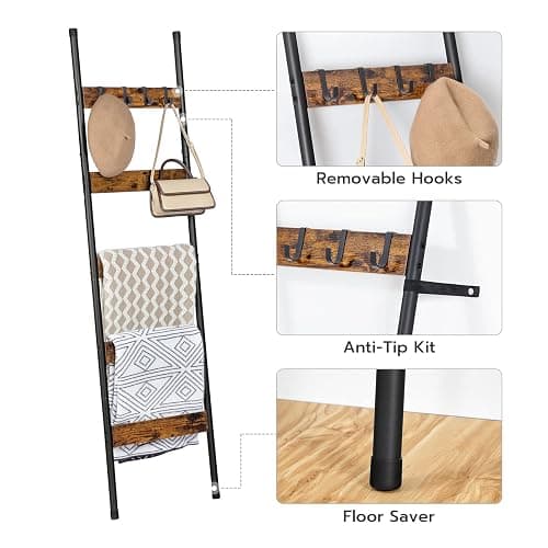 HOOBRO Blanket Ladder, 5-Tier Towel Rack with Hooks, Wall-Leaning Blanket Rack, Decorative Display Ladder Shelf, for Scarves, Industrial, Living Room, Bedroom, Rustic Brown and Black BF52CJ01 thumbnail 6