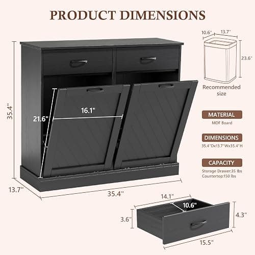 Double Tilt-Out Trash Can Cabinet, 2x15 Gallons Hidden Garbage, Hidden Kitchen Trash Cabinet with Storage Drawer, Pet-Proof Wooden Garbage & Recycling Cabinet for Kitchen, Laundry & Living Room, Black thumbnail 2