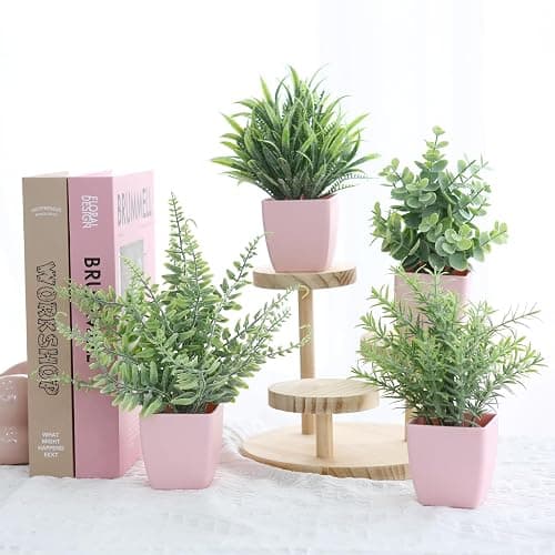 summer flower 4 Pack Small Fake Plants in Pink Pot Artificial Plant Indoor Eucalyptus Wheat Grass Ferns Rosemary Faux Greenery for Room Decor Home Office Desk Bathroom Kitchen Living Room Decorations thumbnail 6