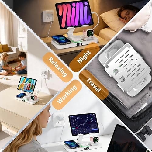 30W Charging Station for Apple Products, Foldable Wireless Charger with Clock Display&7 Color Light, Wired Charging for iPad/Tablet Charging Station for iPhone16, for Apple Watch10 for AirPods4(Cream thumbnail 7
