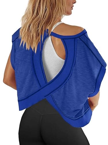 Panadila Womens Open Back Workout Top Oversized Workout T Shirts Backless Athletic Shirt Short Sleeve Baby Tee