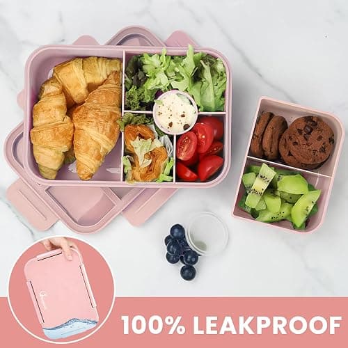 Bugucat Brotdose Kinder mit Fächern 1300ML, Auslaufsicher Lunchbox Kinder, Bento Box mit Besteckset, Brotdose für Erwachsene,Vesperdose Frühstücksbox für Mädchen & Jungen Rosa thumbnail 2