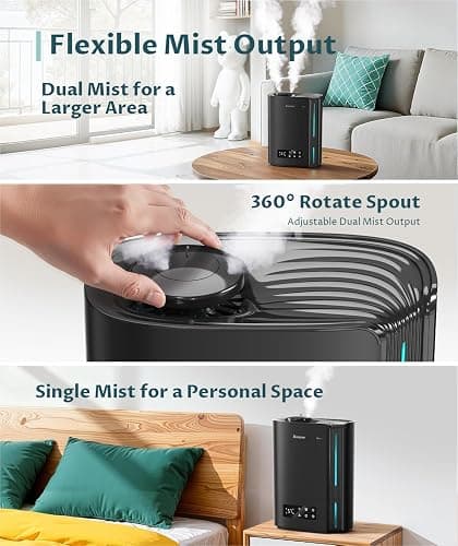 BREEZOME 6L Humidifiers for Bedroom Large Room & Essential Oil Diffuser, Ultrasonic Top Fill Cool Mist Humidifiers for Baby, Plants, Nursery Last up to 60 Hours, Smart Humidistat Control, Quiet, Black thumbnail 7