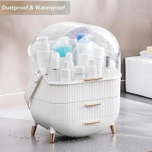 Makeup Organizer Storage Box, Cosmetics Display Case with Transparent Cover, Dust Waterproof Cosmetics Storage Box Suitable for Bathroom Countertop and Bedroom Vanity Dresser (White) thumbnail 2