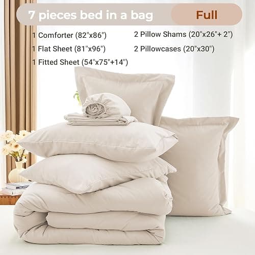 MUXHOMO 7 Pieces Full Comforter Set, Soft Bed in a Bag Full Size, All Season Bedding Set with Comforter, Flat Sheet, Fitted Sheet, Pillowcases & Shams, Beige thumbnail 4