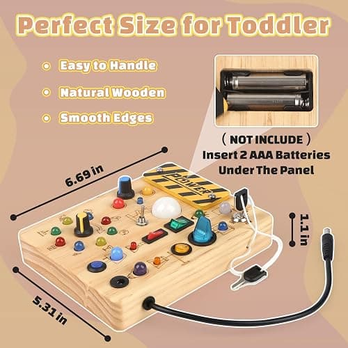 Joyreal Montessori Busy Board Wooden Sensory Toys for Toddler with LED Light Up Switch, Baby Fidget Board Travel Toys for 18+ Months, Boys Girls Birthday thumbnail 5