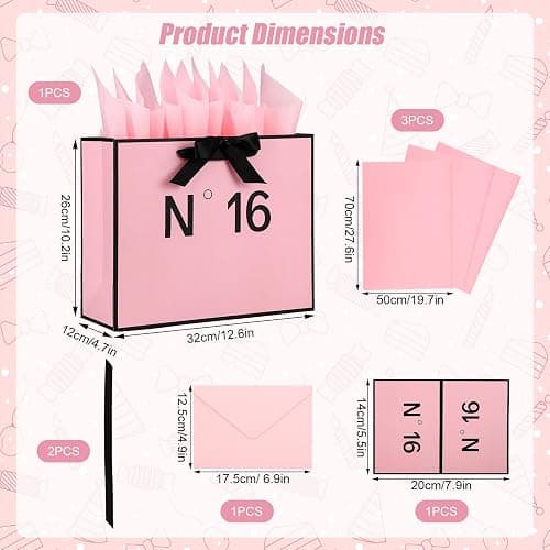 Sweet 16 Birthday Gift Bag with Tissue Paper & Greeting Card for Women Girl | Pink 16th Goodie Bag Birthday Decorations Sweet Sixteen Design 16 Years Old Party Supplies Gift Ideas thumbnail 2