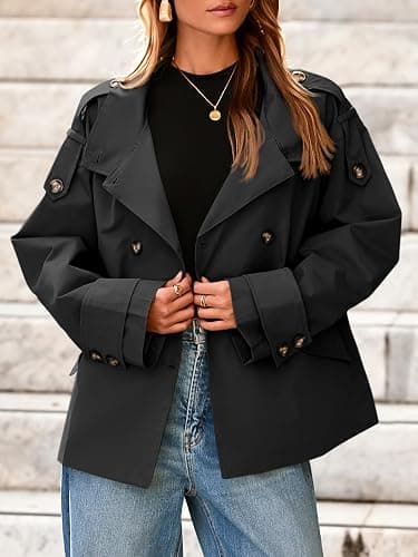 Tankaneo Womens Cropped Trench Coat Oversized Double Breasted Stand Collar Short Jacket Fall Casual Work Outerwear thumbnail 2