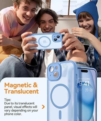 CANSHN Magnetic for iPhone 15 Case, Upgraded [Full Camera Protection] [Compatible with Magsafe] [Translucent Matte] Shockproof Protective Phone Case for iPhone 15 6.1" - Light Blue thumbnail 3