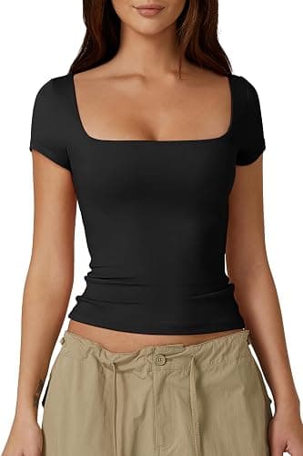 QINSEN Women's Square Neck Short Sleeve Double-Layer Tops Basic Slim Fit Going Out T Shirt - Image 1