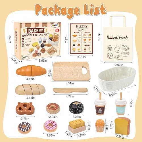 Wooden Bakery Playset Food Toys, Kids Pretend Play Food Baking Set Kitchen Accessories with Storage Bag, Pretend Play Bread Cutting Food for Boys Girls 3+ thumbnail 6