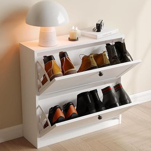 VOWNER Shoe Cabinet with 2 Flip Drawers, Freestanding Shoe Storage Cabinet with Adjustable Shelf & Anti-Tipping Device, Shoe Rack for Entryway, Hallway, Living Room (White) thumbnail 5