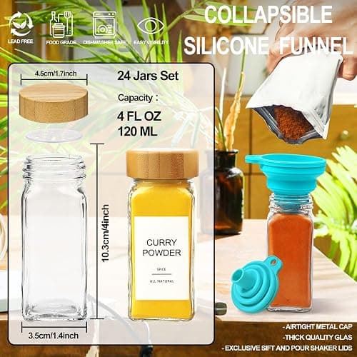 AISIPRIN 24 Pcs Glass Spice Jars with Bamboo Airtight Lids and 398 Labels, 4oz Empty Square Containers Seasoning Storage Bottles - Shaker Lids, Funnel, Brush and Marker Included - Square thumbnail 2