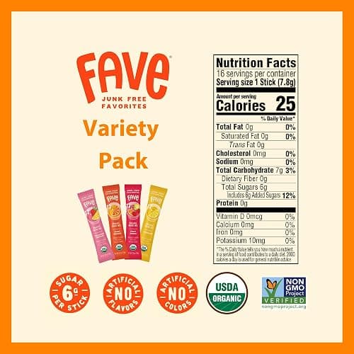FAVE Variety Pack USDA Organic Drink Mix, 16 Stick Pouch | Lemonade, Strawberry Lemonade, Fruit Punch and Tangy Orange. Four flavors, 16 sticks. thumbnail 5