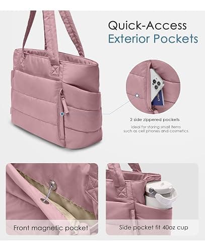 Tote Bag for Women with Zipper, Quilted Puffer Tote Bag with Compartments, Lightweight Puffy Work Bags for Women Travel thumbnail 3