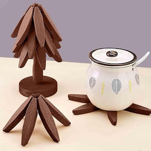 Wooden Cup Coaster Set，Tree Shape Trivet Set,Tree Coasters- 4 Wooden Trivets + 1 Stand stored for hot Dish/Pot/Bowl/teapot/hot Pot Set (Brown) thumbnail 4