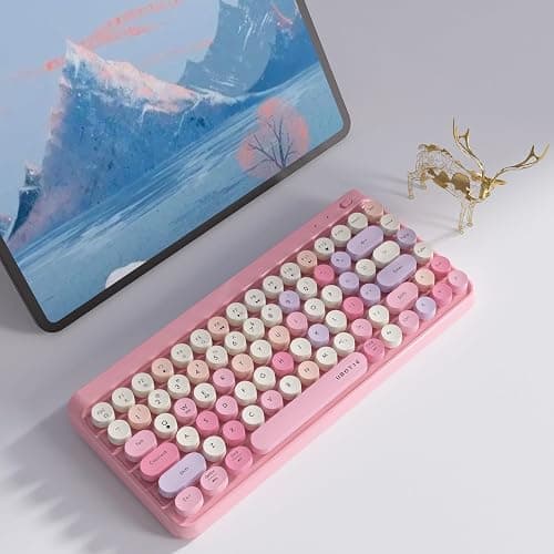 UBOTIE Portable Bluetooth Colorful Keyboards (Pink-Colorful) | Computer Wireless Mini Compact Retro Typewriter Flexible 84Keys Design Keyboard for PC Tablet thumbnail 2