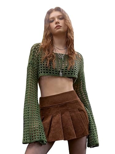 WDIRARA Women's Crochet Crop Tops Hollow Out Knit Shrugs | Y2k Long Bell Sleeve Crop Sweater - Image 1