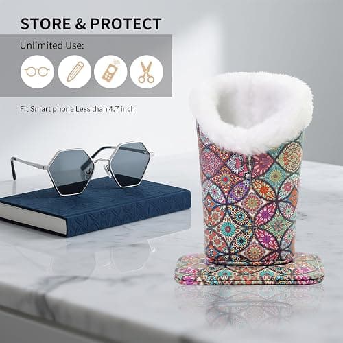 FlyingMage Plush Lined Eyeglasses Holder, Cute Magnetic PU Leather Glasses Stand Case for Women Men Kids thumbnail 2