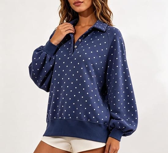 Women Oversized Polka Dot Sweatshirts Long Sleeve Quarter Button Pullover | Henley Neck Snap Button Up Pullover Tops, Raglan Sleeve Y2k Teens Girls Fall Outfits Preppy Cute Clothes thumbnail 3