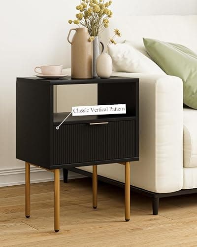 Masupu Nightstand,Mid-Century Modern Bedside Table with Storage Drawer and Open Wood Shelf,Small Gold Frame Side Table for Bedroom,Living Room,Black thumbnail 6